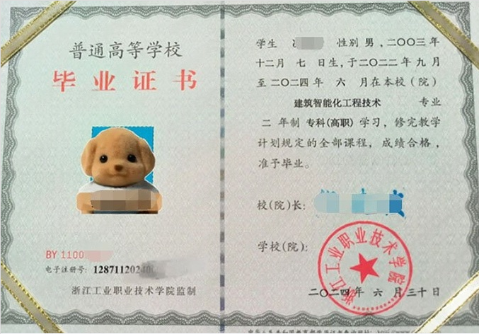 浙江工业职业技术学院2024年普通全日制专科毕业证书样本图片（建筑智能化工程技术）